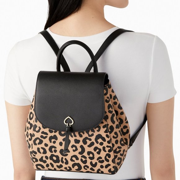 New Kate Spade Adel Leopard Print Medium Flap Backpack Leather Neutral Multi - Picture 4 of 5